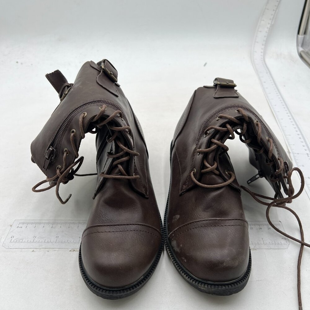 Women's Lace Up Round Toe Lug Sole Boots Flat Low Heel Knee High Boots Brown
